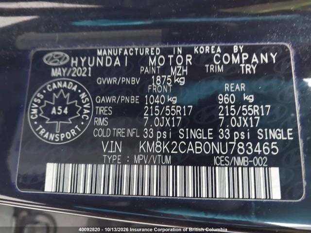 Продажа на аукционе авто 2022 Hyundai Kona, vin: KM8K2CAB0NU783465, номер лота: 40092820
