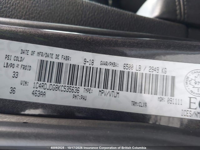 Auction sale of the 2019 Dodge Durango Gt, vin: 1C4RDJDG8KC535636, lot number: 40092825