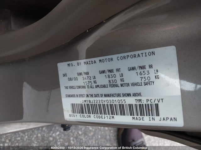 Aukcja sprzedaży 2000 Mazda 323, vin: JM1BJ2220Y0301055, numer aukcji: 40092850