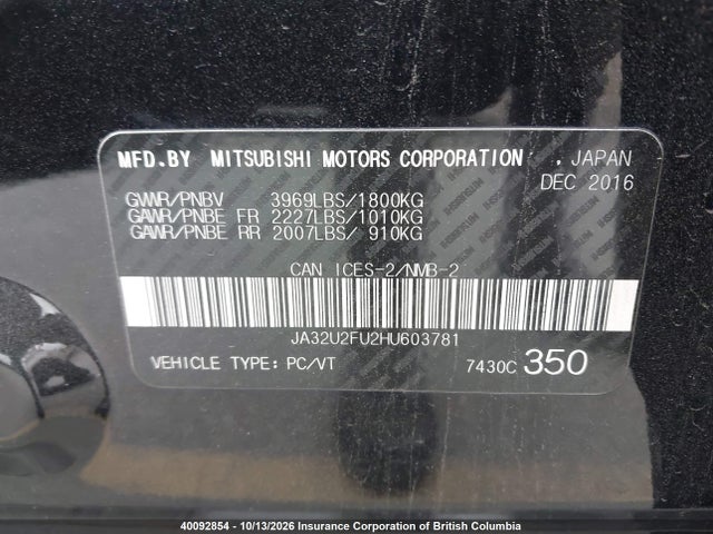 40092854 :رقم المزاد ، JA32U2FU2HU603781 vin ، 2017 Mitsubishi Lancer Es مزاد بيع
