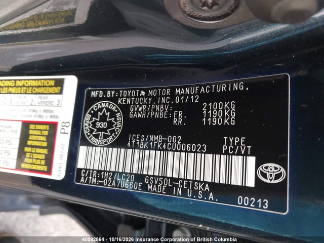 40092864 :رقم المزاد ، 4T1BK1FK4CU006023 vin ، 2012 Toyota Camry مزاد بيع