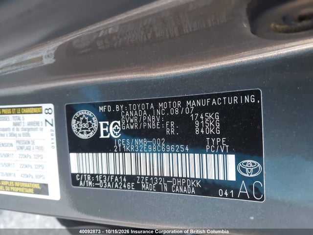 2008 Toyota Corolla Matrix Xr მანქანა იყიდება აუქციონზე, vin: 2T1KR32E98C696254, აუქციონის ნომერი: 40092873