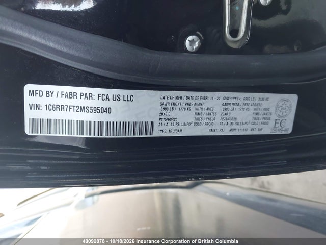 2021 Ram 1500 Classic Tradesman მანქანა იყიდება აუქციონზე, vin: 1C6RR7FT2MS595040, აუქციონის ნომერი: 40092878