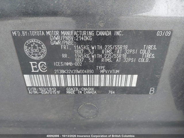 40092886 :رقم المزاد ، 2T3BK32V39W004890 vin ، 2009 Toyota Rav4 مزاد بيع