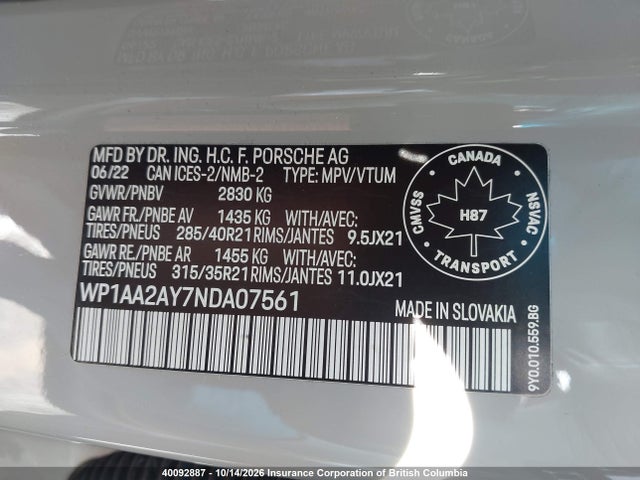 40092887 :رقم المزاد ، WP1AA2AY7NDA07561 vin ، 2022 Porsche Cayenne مزاد بيع