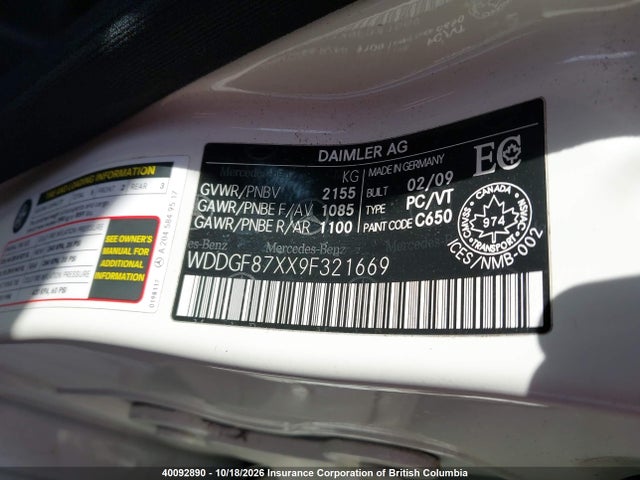 40092890 :رقم المزاد ، WDDGF87XX9F321669 vin ، 2009 Mercedes-benz C 350 4matic مزاد بيع