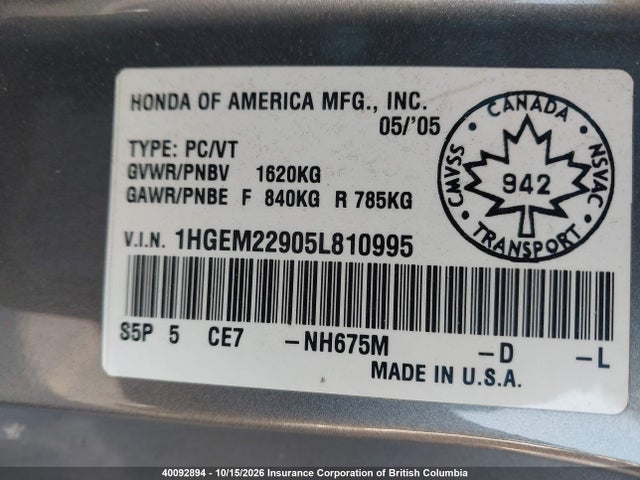 2005 Honda Civic მანქანა იყიდება აუქციონზე, vin: 1HGEM22905L810995, აუქციონის ნომერი: 40092894