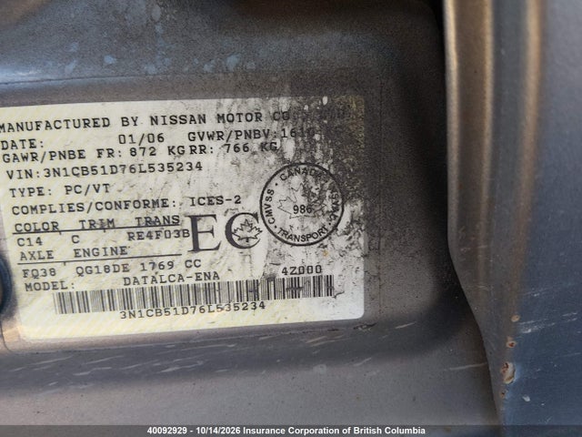 40092929 :رقم المزاد ، 3N1CB51D76L535234 vin ، 2006 Nissan Sentra 1.8 مزاد بيع