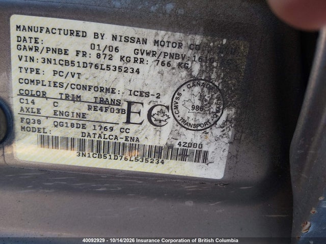 40092929 :رقم المزاد ، 3N1CB51D76L535234 vin ، 2006 Nissan Sentra 1.8 مزاد بيع