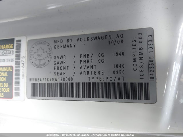 Aukcja sprzedaży 2009 Volkswagen Rabbit, vin: WVWBA71K79W138000, numer aukcji: 40092915