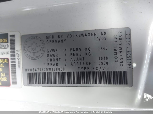 Aukcja sprzedaży 2009 Volkswagen Rabbit, vin: WVWBA71K79W138000, numer aukcji: 40092915