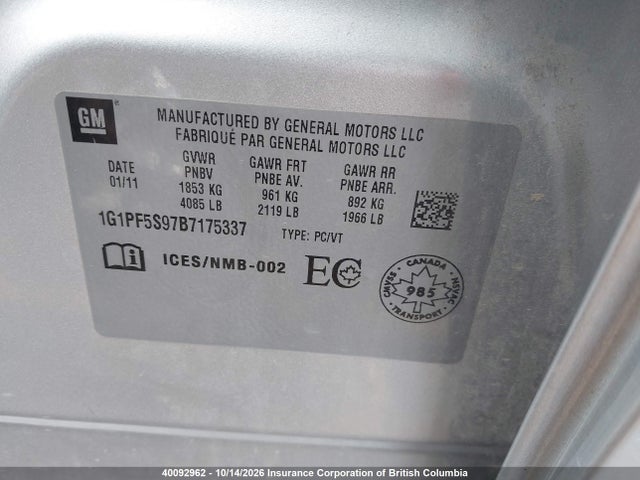 Aukcja sprzedaży 2011 Chevrolet Cruze, vin: 1G1PF5S97B7175337, numer aukcji: 40092962
