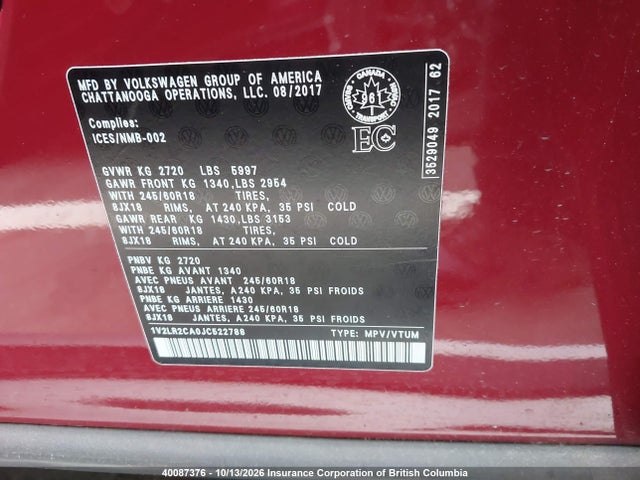Aukcja sprzedaży 2018 Volkswagen Atlas Se, vin: 1V2LR2CA0JC522788, numer aukcji: 40087376