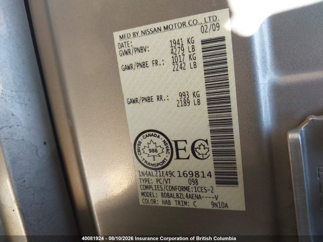 Auction sale of the 2009 Nissan Altima 2.5/2.5s, vin: 1N4AL21E49C169814, lot number: 40081924
