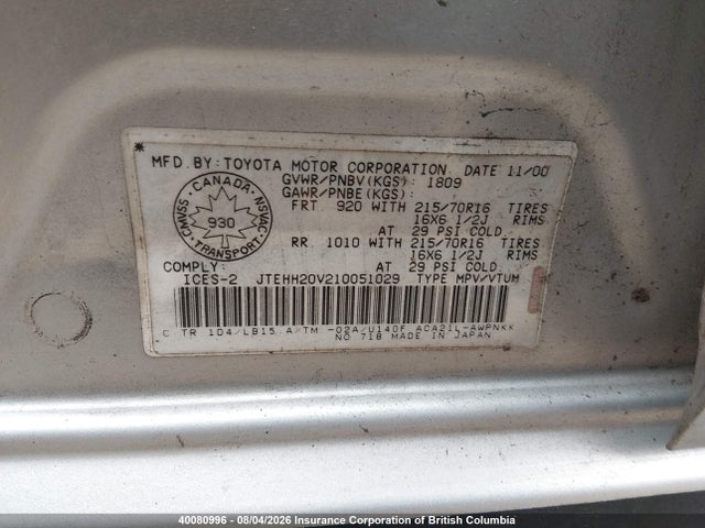 Aukcja sprzedaży 2001 Toyota Rav4, vin: JTEHH20V210051029, numer aukcji: 40080996
