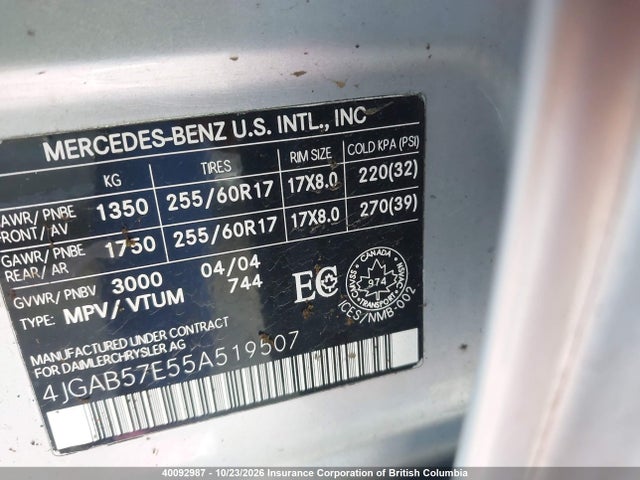 Продажа на аукционе авто 2005 Mercedes-benz Ml 350, vin: 4JGAB57E55A519507, номер лота: 40092987