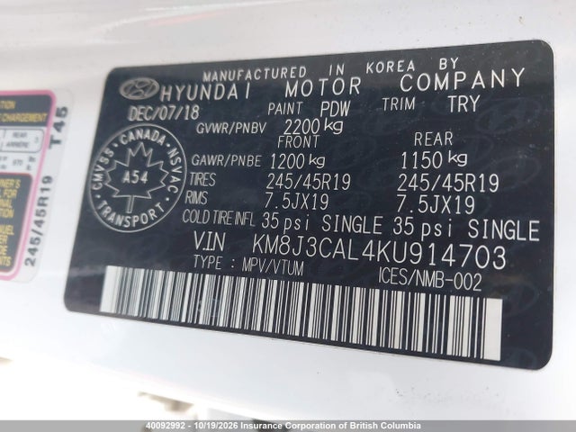 Aukcja sprzedaży 2019 Hyundai Tucson Limited/sel/sport/ultimate/value/night, vin: KM8J3CAL4KU914703, numer aukcji: 40092992