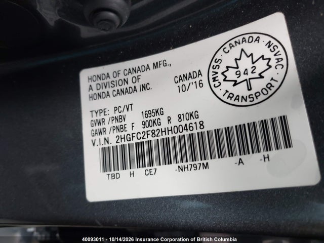Продаж на аукціоні авто 2017 Honda Civic, vin: 2HGFC2F82HH004618, номер лоту: 40093011
