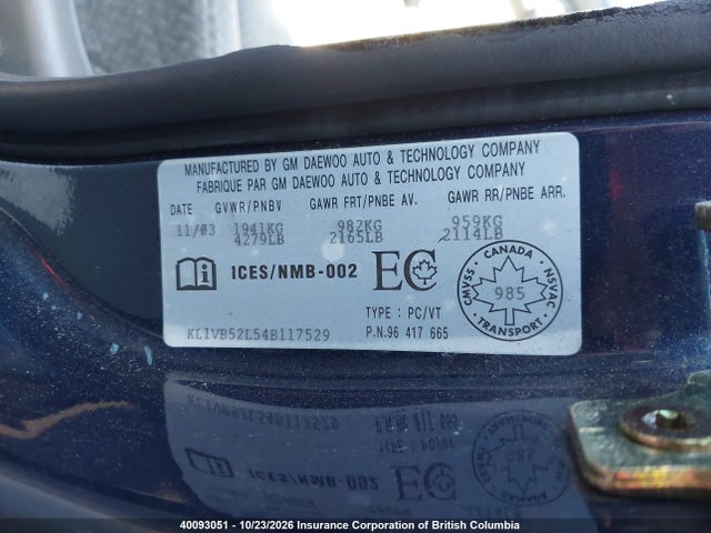 Aukcja sprzedaży 2004 Chevrolet Epica, vin: KL1VB52L54B117529, numer aukcji: 40093051