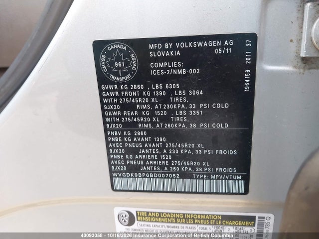 2011 Volkswagen Touareg V6 Tdi მანქანა იყიდება აუქციონზე, vin: WVGDK9BP6BD007052, აუქციონის ნომერი: 40093058