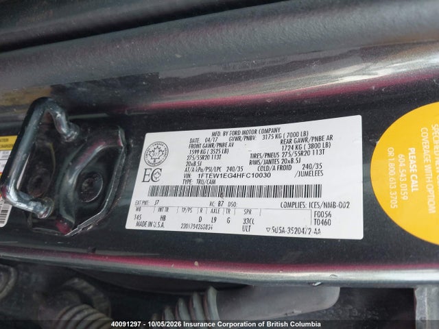 40091297 :رقم المزاد ، 1FTEW1EG4HFC10030 vin ، 2017 Ford F150 Supercrew مزاد بيع