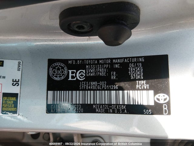 2020 Toyota Corolla Se/xse მანქანა იყიდება აუქციონზე, vin: 5YFB4RBE6LP011296, აუქციონის ნომერი: 40088987