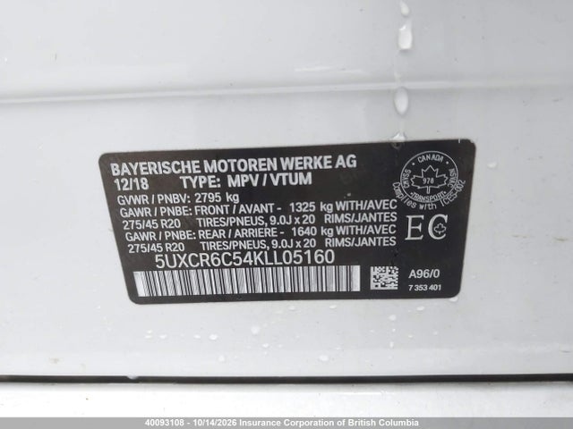 40093108 :رقم المزاد ، 5UXCR6C54KLL05160 vin ، 2019 Bmw X5 مزاد بيع