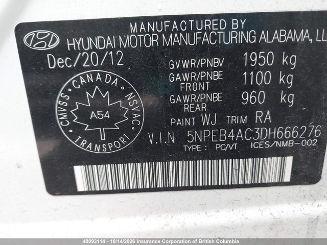 40093114 :رقم المزاد ، 5NPEB4AC3DH666276 vin ، 2013 Hyundai Sonata Gls مزاد بيع