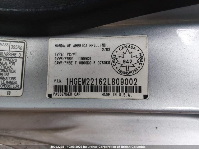 2002 Honda Civic Dx მანქანა იყიდება აუქციონზე, vin: 1HGEM22162L809002, აუქციონის ნომერი: 40092268