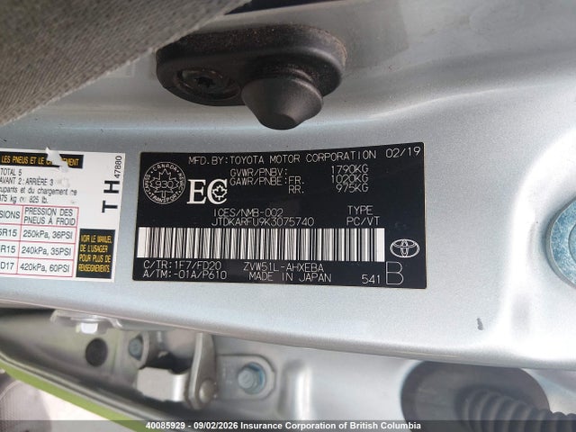 Aukcja sprzedaży 2019 Toyota Prius, vin: JTDKARFU9K3075740, numer aukcji: 40085929
