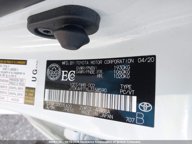 40093125 :رقم المزاد ، JTDKARFPXL3158590 vin ، 2020 Toyota Prius مزاد بيع