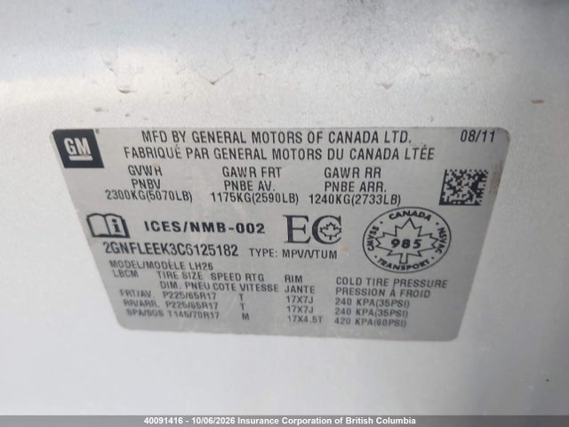 2012 Chevrolet Equinox Lt მანქანა იყიდება აუქციონზე, vin: 2GNFLEEK3C6125182, აუქციონის ნომერი: 40091416