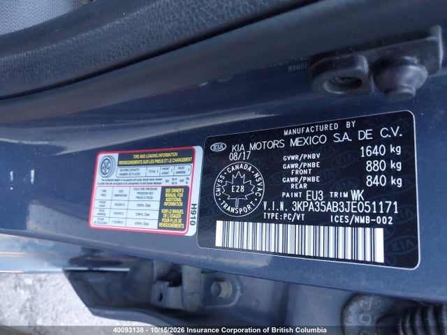 3KPA35AB3JE051171 KIA RIO EX