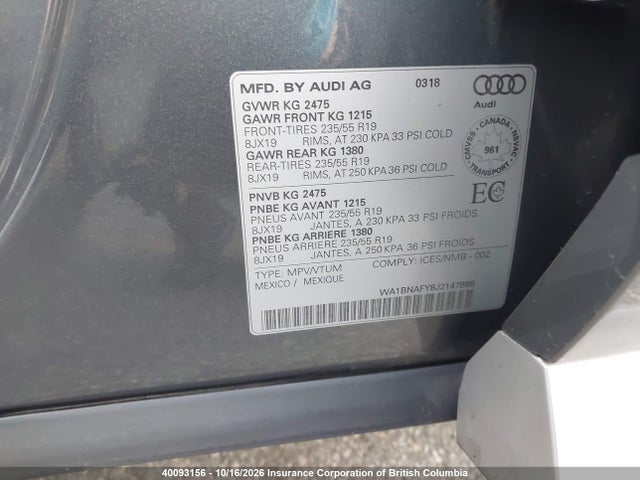 2018 Audi Q5 მანქანა იყიდება აუქციონზე, vin: WA1BNAFY8J2147888, აუქციონის ნომერი: 40093156