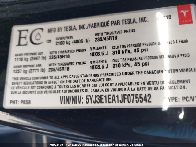 Продажа на аукционе авто 2018 Tesla Model 3 Long Range/mid Range, vin: 5YJ3E1EA1JF075542, номер лота: 40093179
