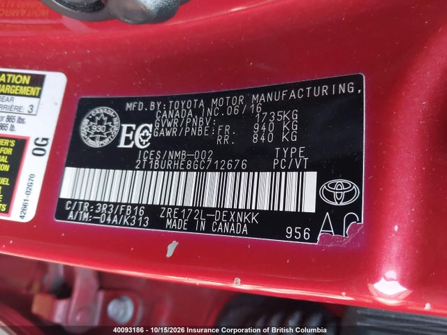 2T1BURHE8GC712676 Toyota Corolla L/le/le Pls/prm/s/s Pls