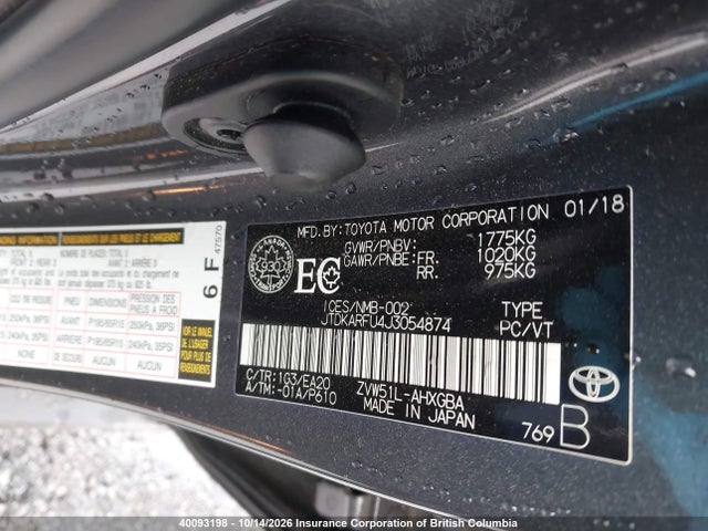 Aukcja sprzedaży 2018 Toyota Prius, vin: JTDKARFU4J3054874, numer aukcji: 40093198