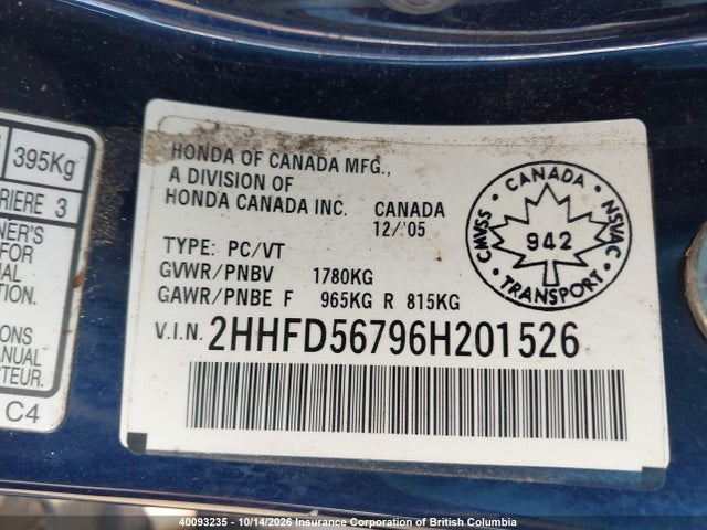 40093235 :رقم المزاد ، 2HHFD56796H201526 vin ، 2006 Acura Csx مزاد بيع