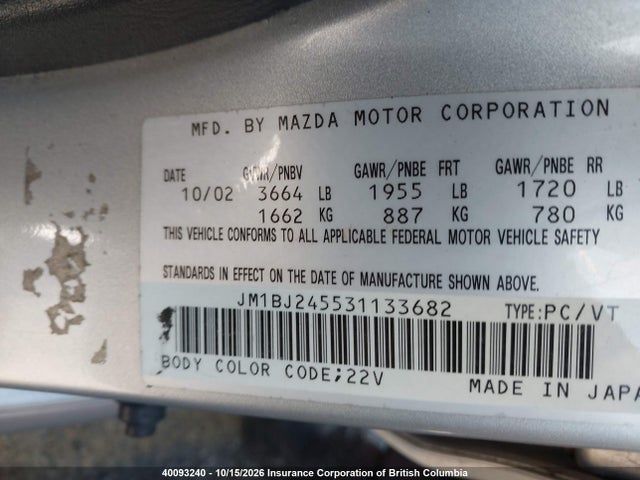 Aukcja sprzedaży 2003 Mazda Protege5 Es, vin: JM1BJ245531133682, numer aukcji: 40093240