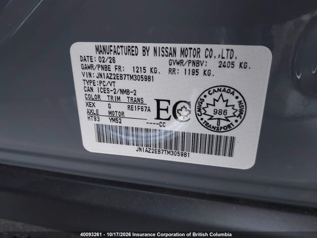 40093261 :رقم المزاد ، JN1AZ2EB7TM305981 vin ، 2026 Nissan Leaf مزاد بيع