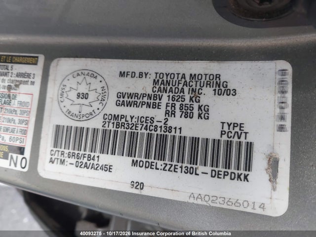 Aukcja sprzedaży 2004 Toyota Corolla Ce/le/s, vin: 2T1BR32E74C813811, numer aukcji: 40093275
