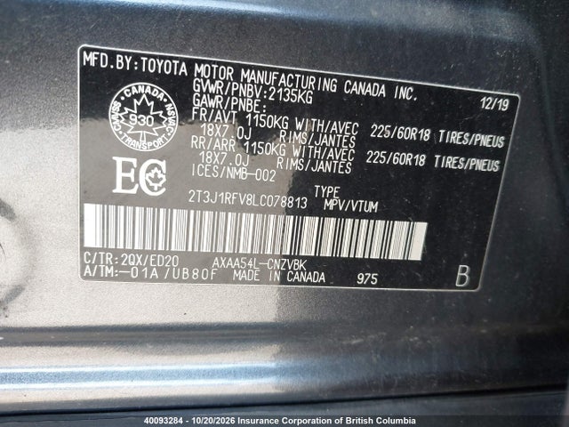 40093284 :رقم المزاد ، 2T3J1RFV8LC078813 vin ، 2020 Toyota Rav4 مزاد بيع