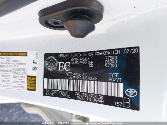 Aukcja sprzedaży 2021 Toyota Corolla Hybrid Base W/li Battery, vin: JTDBAMDE1MJ010068, numer aukcji: 40093305