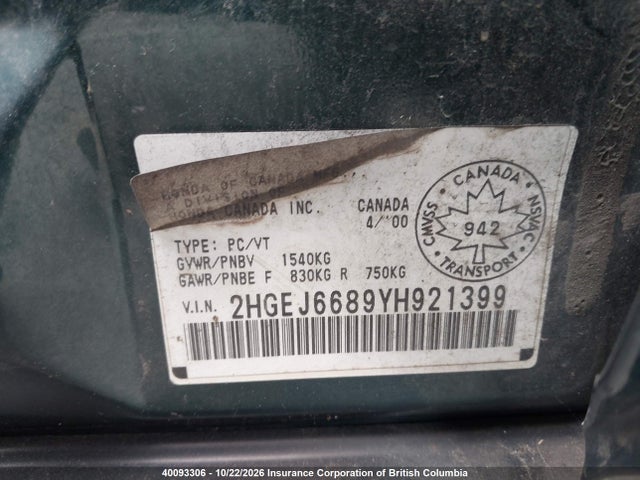 Продажа на аукционе авто 2000 Honda Civic, vin: 2HGEJ6689YH921399, номер лота: 40093306