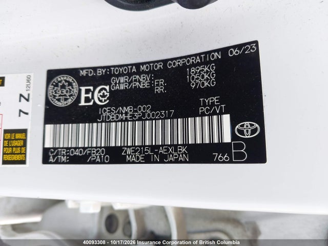 40093308 :رقم المزاد ، JTDBDMHE3PJ002317 vin ، 2023 Toyota Corolla Le/se/night Shade مزاد بيع