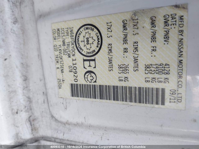 40093310 :رقم المزاد ، 1N6BF0KY0CN110920 vin ، 2012 Nissan Nv مزاد بيع
