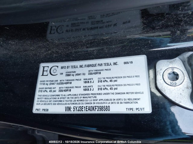 Tesla MODEL 3 2019 5YJ3E1EA0KF398580 Image 9