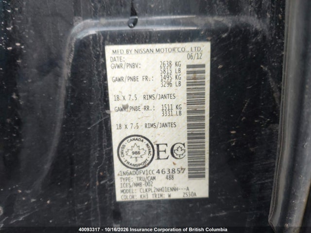 Продаж на аукціоні авто 2012 Nissan Frontier Sl/sv, vin: 1N6AD0FV1CC463857, номер лоту: 40093317