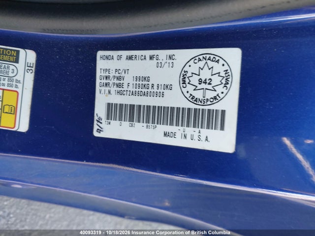 Aukcja sprzedaży 2013 Honda Accord Exl, vin: 1HGCT2A86DA800906, numer aukcji: 40093319