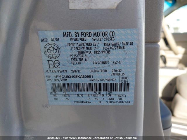 Продаж на аукціоні авто 2008 Ford Escape Xlt, vin: 1FMCU93108KA60981, номер лоту: 40093322